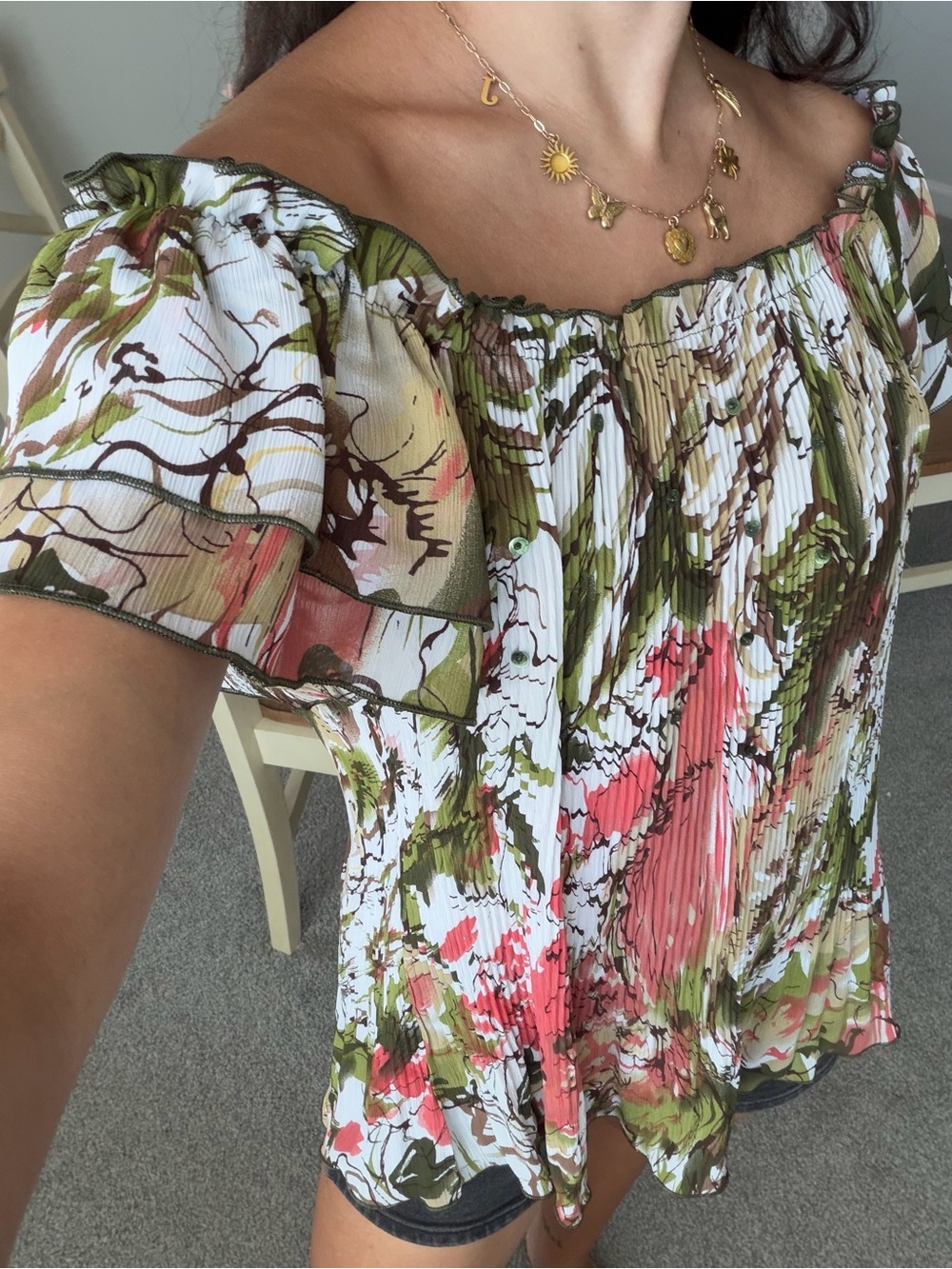 Tribal Floral Off-Shoulder Pleated Top - Green & Coral
